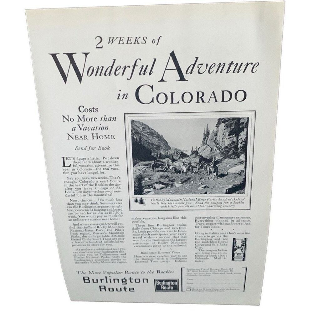 Vintage 1927 Burlington Route Rail 2 Week’s in Colorado Ad Advertisement